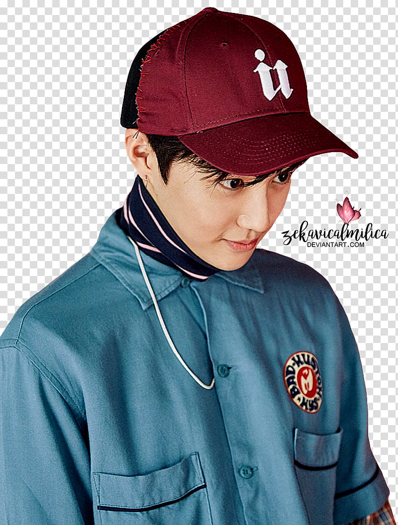 EXO Suho Lucky One, man wearing red cap and teal button-up shirt transparent background PNG clipart