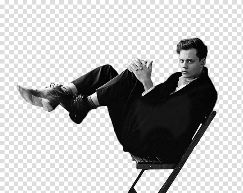 Bill Skarsgard, man sitting on chair touching his knees transparent background PNG clipart