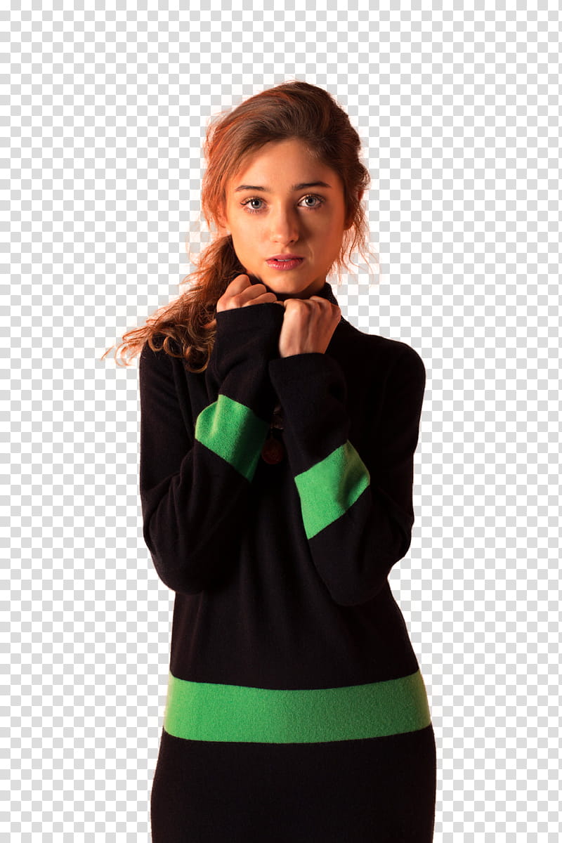 Natalia Dyer, woman standing while wearing black and green long-sleeved shirt transparent background PNG clipart