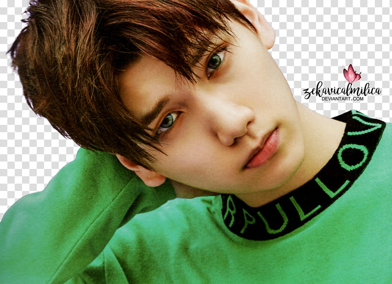 VIXX Hyuk Zelos, man in green and black sweater with text overlay transparent background PNG clipart