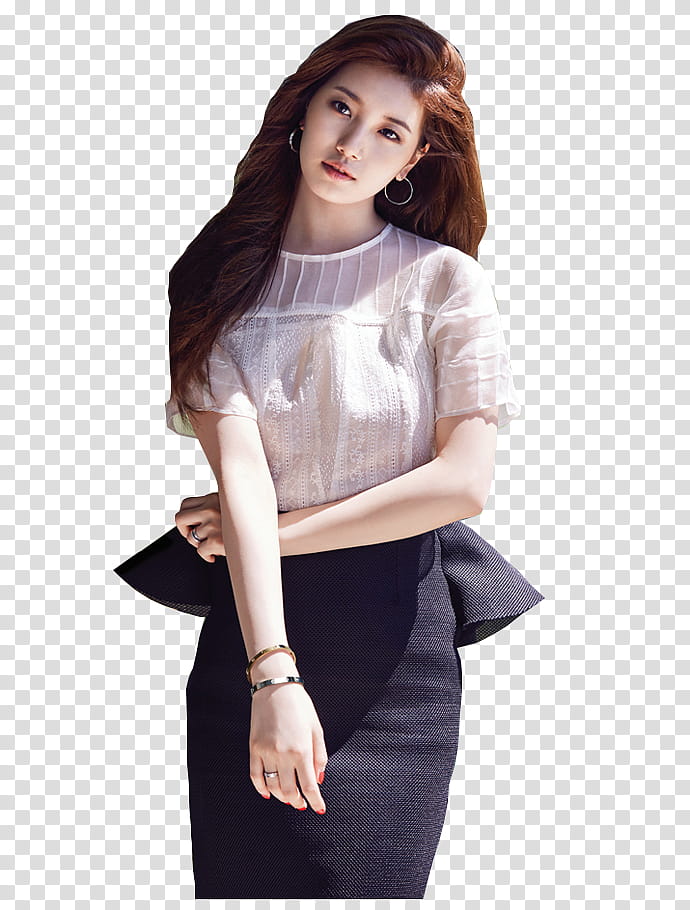 woman wearing white crew-neck shirt and black peplum skirt transparent background PNG clipart