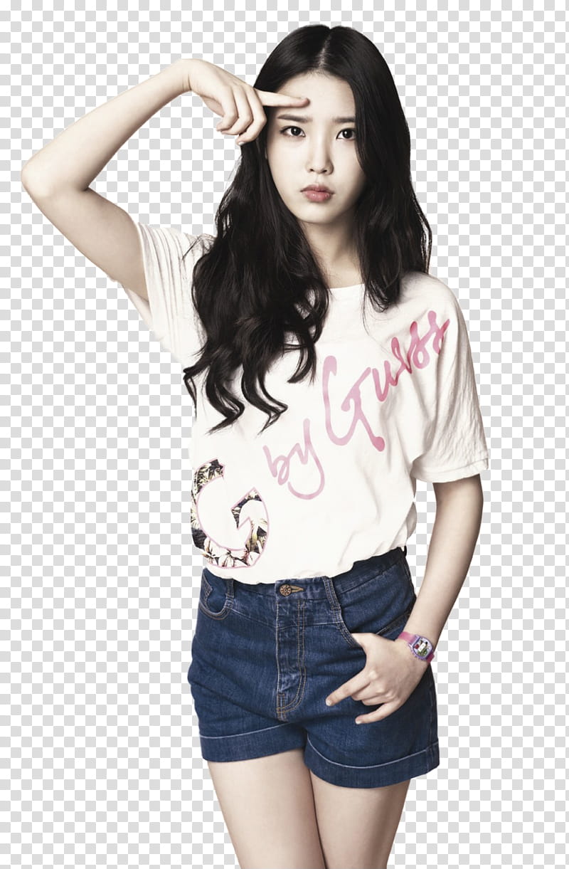 IU, woman wearing white t-shirt and blue denim short shorts while standing transparent background PNG clipart