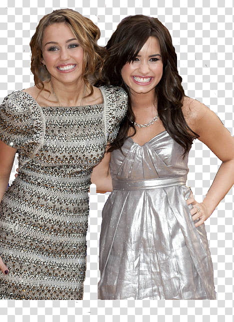 Diley, Miley Cyrus and woman wearing gray sweetheart neckline dress transparent background PNG clipart