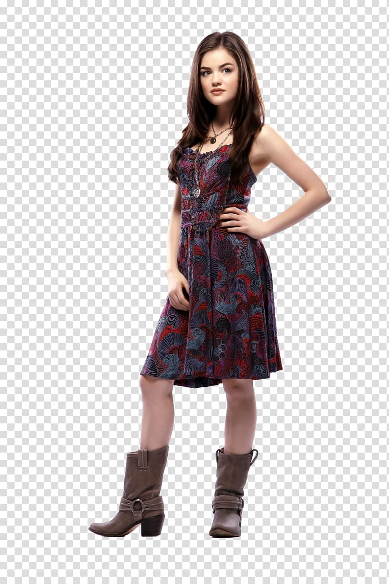 Pretty Little Liars GIRLS BUENA CALIDAD, woman wearing black and red sleeveless dress and pair of brown boots transparent background PNG clipart