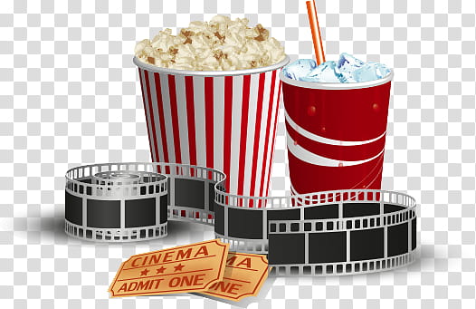 Cine, bucket of popcorn and cinema tickets graphic transparent background PNG clipart