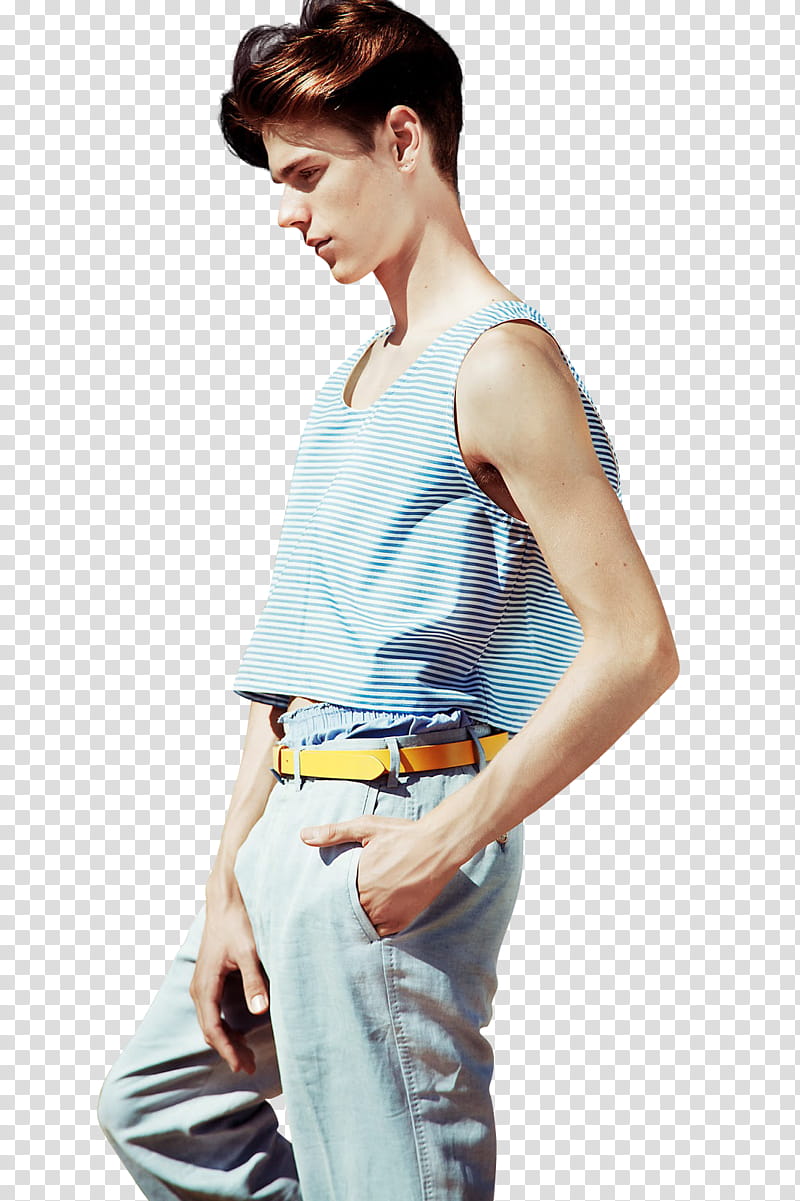 Blu Equis, man wearing blue pinstriped tank top and blue denim jeans transparent background PNG clipart