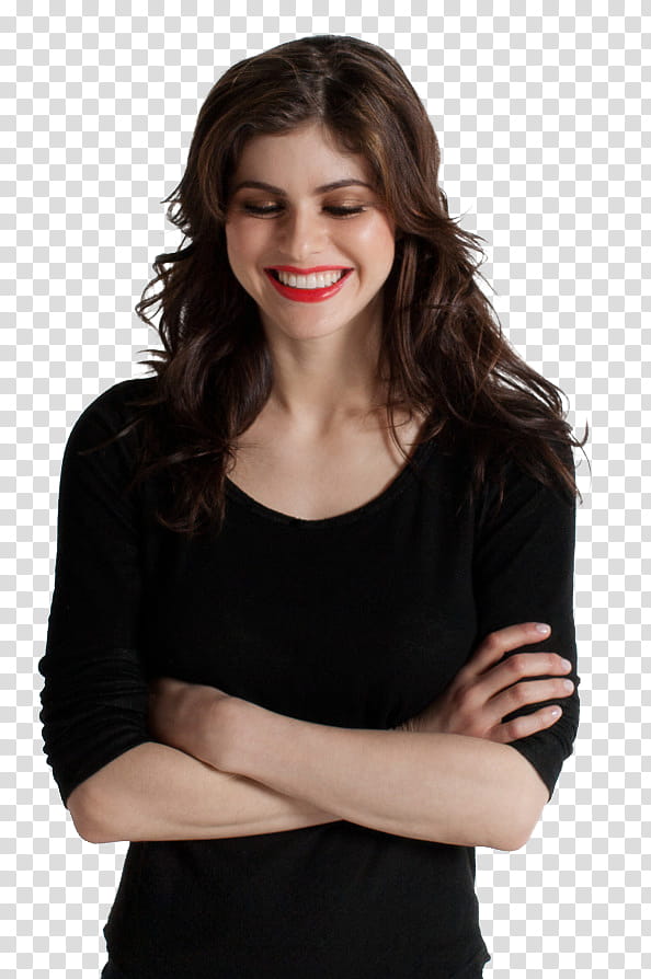 Alexandra Daddario , smiling woman in black scoop-neck top transparent background PNG clipart