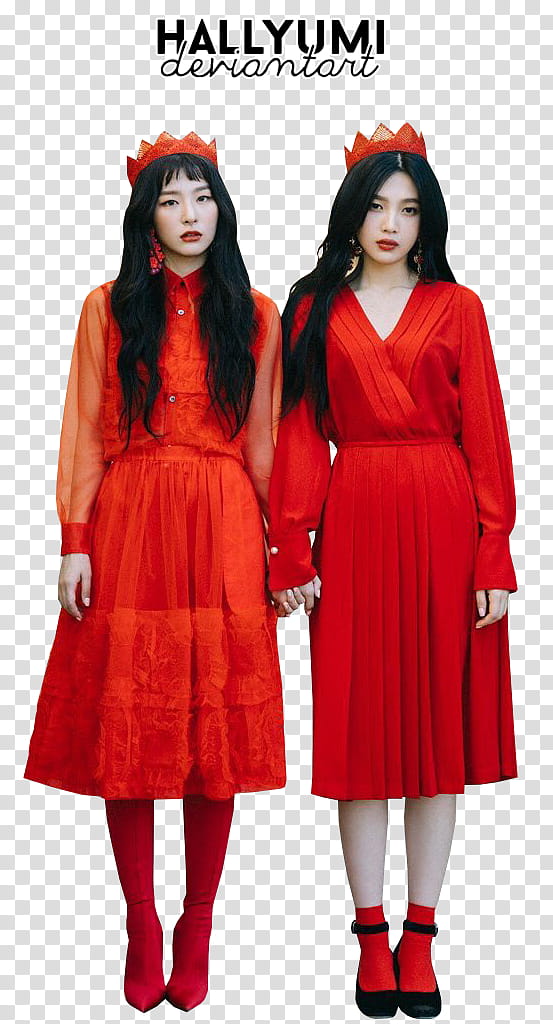 Red Velvet, twin women in identical red dress transparent background PNG clipart