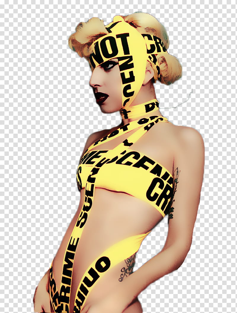 Lady GaGa, Lady Gaga posing while wearing barricade tape transparent background PNG clipart