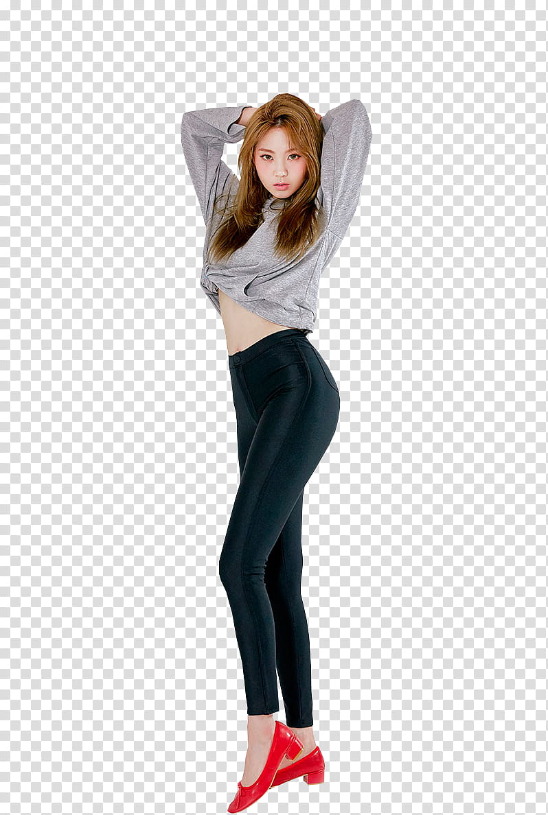 CHAE EUN, woman wearing gray shirt and black pants transparent background PNG clipart