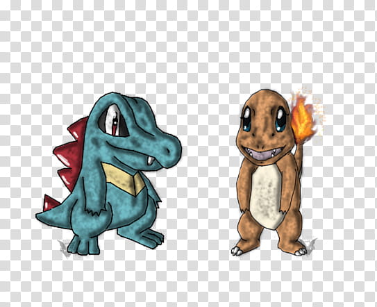 Totodile+Charmander, Art Trade, two Pokemon character drawings transparent background PNG clipart