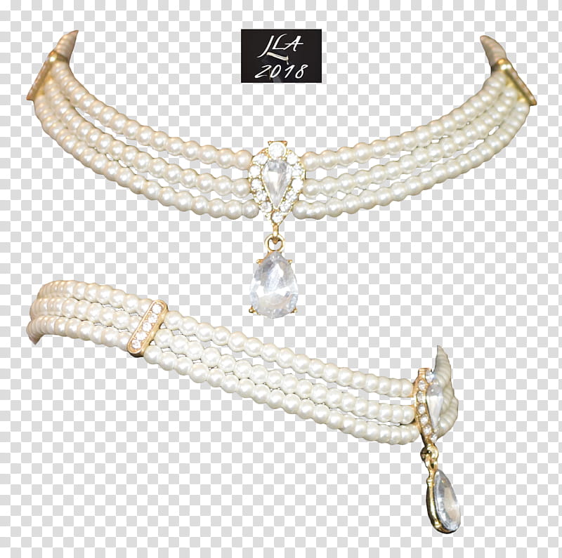 Pearl Choker Teardrop Pendant, beaded white pearl and gold-colored necklace transparent background PNG clipart