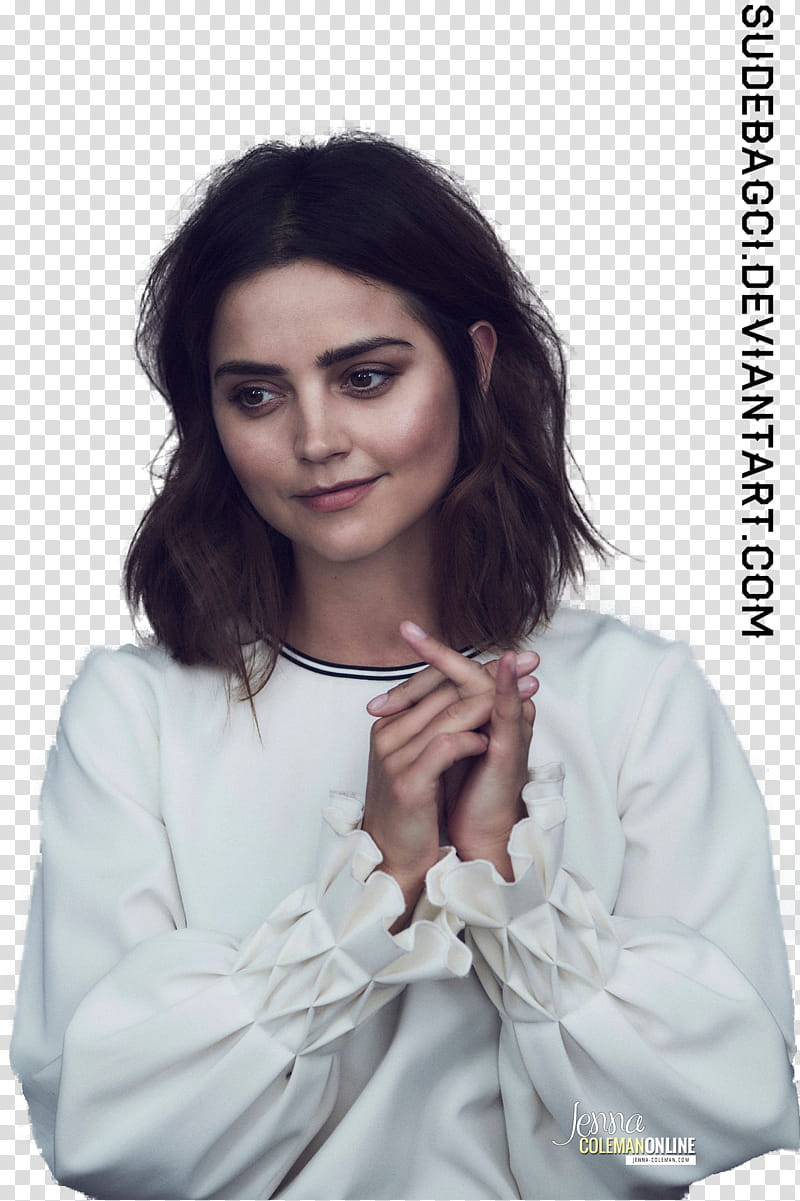 Jenna Coleman, smiling woman wearing white long-sleeved shirt transparent background PNG clipart