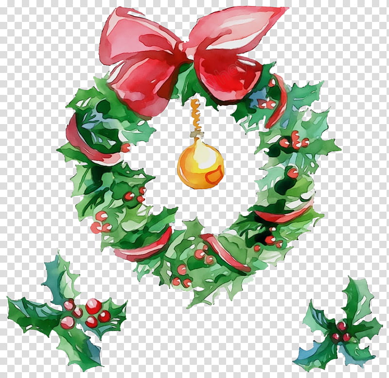 Christmas decoration, Watercolor, Paint, Wet Ink, Holly, Wreath, Christmas , Christmas Ornament transparent background PNG clipart