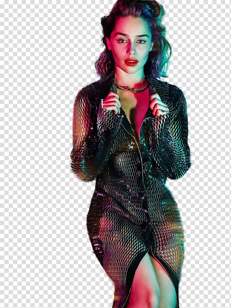 Emilia Clarke, woman in black button-up slit dress transparent background PNG clipart