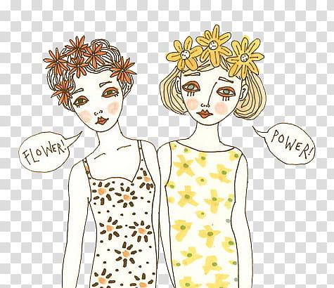 flower power s, two women's wearing white and brown dress illustration transparent background PNG clipart