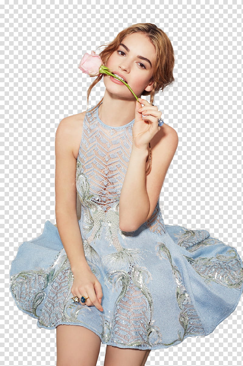 Lily James, woman in grey dress holding flower transparent background PNG clipart