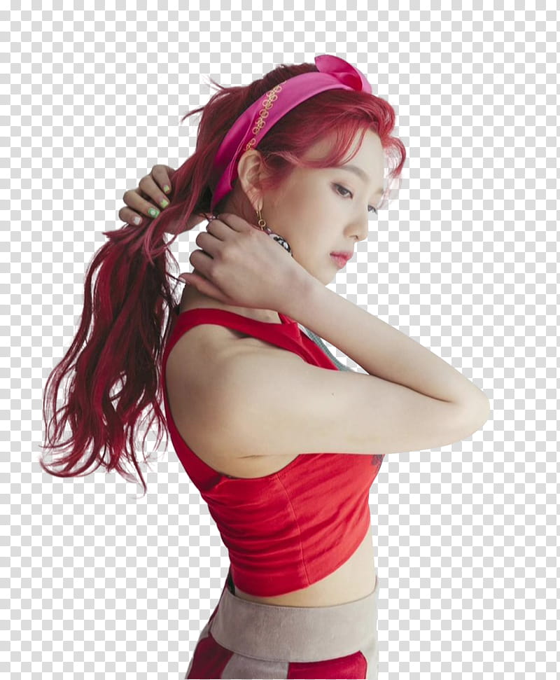 Red Velvet Red Summer P, woman touching his red hair wearing tank top transparent background PNG clipart