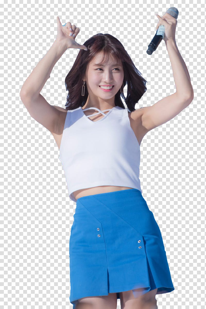 RENDER TWICE MOMO  S, woman in white crop top and blue mini skirt holding microphone transparent background PNG clipart