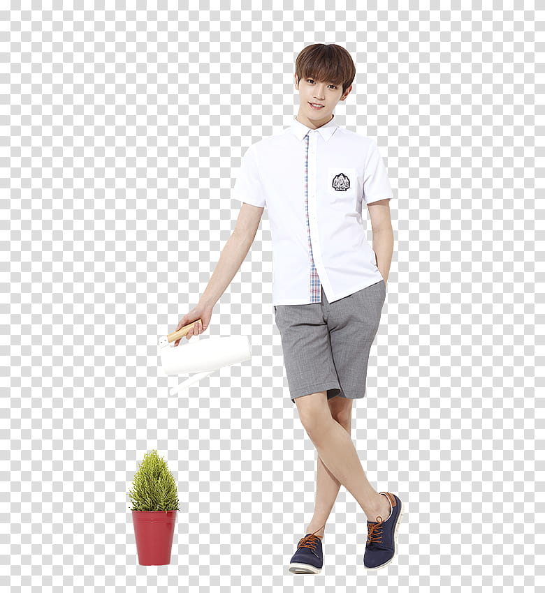 TAEYONG NCT, man holding white pitcher standing beside plant transparent background PNG clipart
