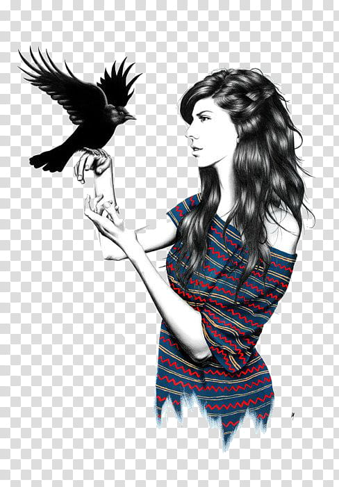 s, black haired woman with a crow illustration transparent background PNG clipart