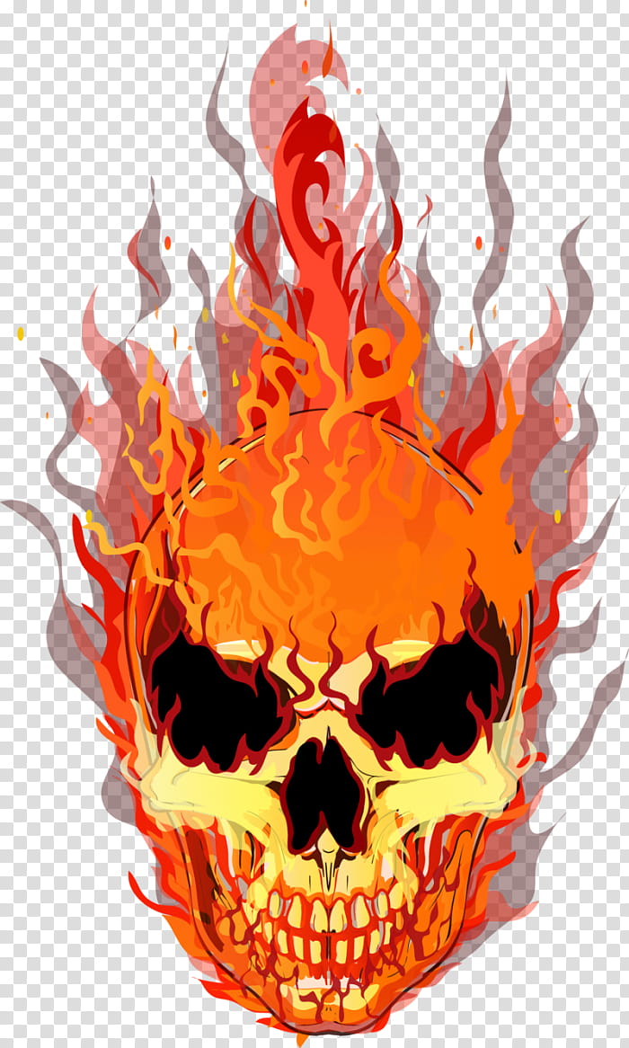 Skull, Fire, Flame, Skeleton, Tshirt, Decal, Bone, Orange transparent background PNG clipart