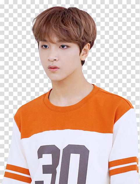 NCT , man wearing orange and white crew-neck long-sleeved shirt transparent background PNG clipart