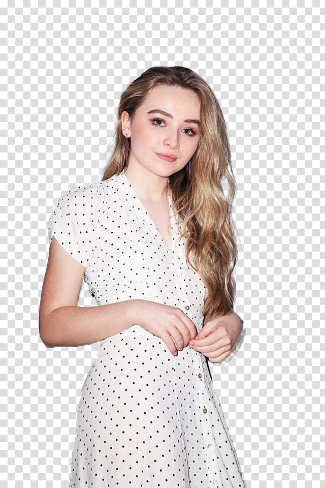 SABRINA CARPENTER, woman wearing white and black polka-dot dress transparent background PNG clipart