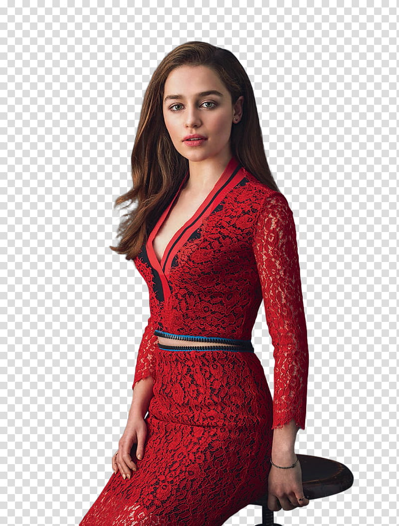 Emilia Clarke, woman in red lace long-sleeved crop top and skirt sitting on chair transparent background PNG clipart