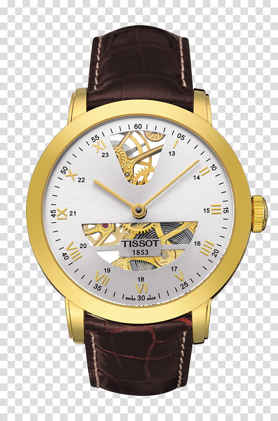 Cartoon Clock, Tissot, Watch, Tissot Tcomplication Squelette, Tissot Prc 200 Chronograph, Skeleton Watch, Gold, Tissot Heritage transparent background PNG clipart
