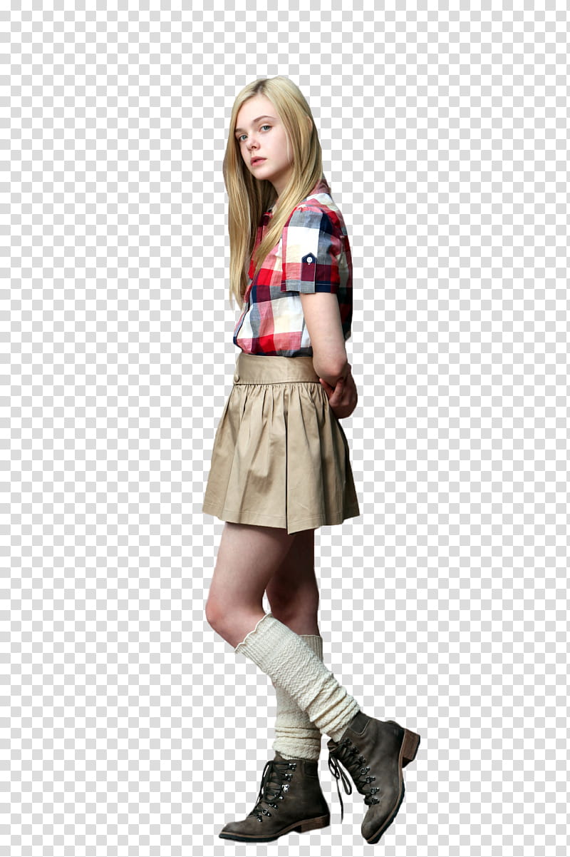 Elle Fanning, woman wearing plaid shirt and mini skirt transparent background PNG clipart