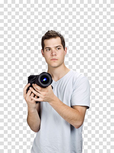 People , man holding black DSLR camera transparent background PNG clipart