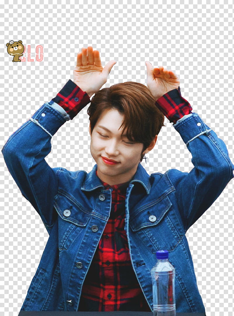 Stray Kids Lee Felix, man wearing red and black plaid dress shirt with blue denim jacket transparent background PNG clipart