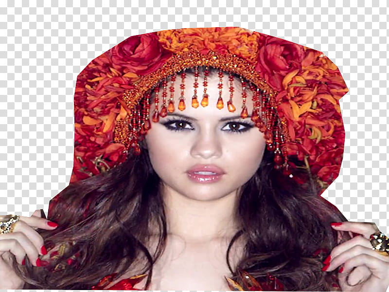 Selena Gomez, woman in red and orange floral hat transparent background PNG clipart