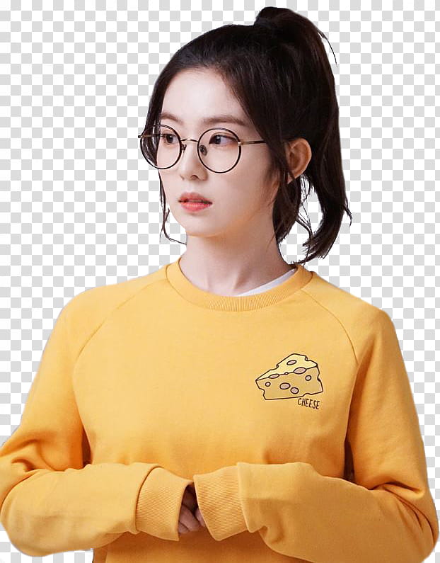 Red Velvet Irene, woman wearing yellow Cheese sweat shirt with eyeglases transparent background PNG clipart