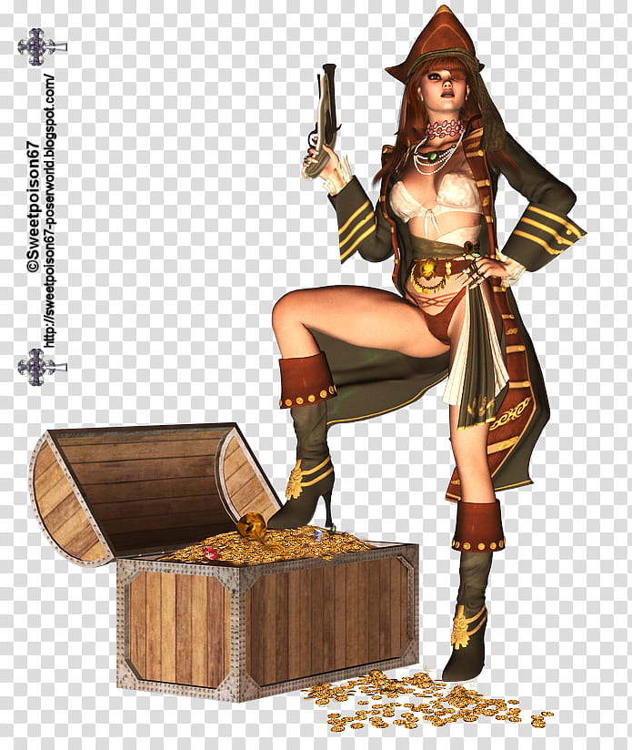 Victoria Pirate, woman holding rifle stepping on brown wooden treasure chest transparent background PNG clipart