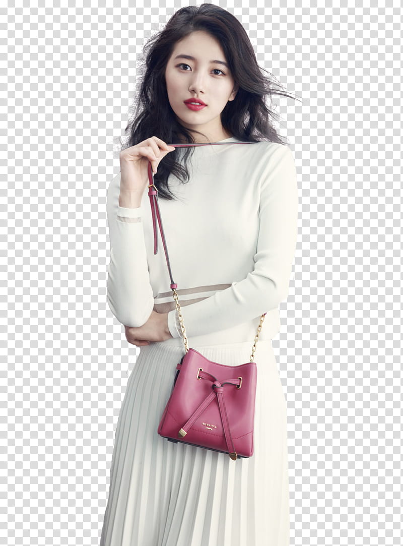 Suzy Miss A, woman wearing red leather sling bag transparent background PNG clipart