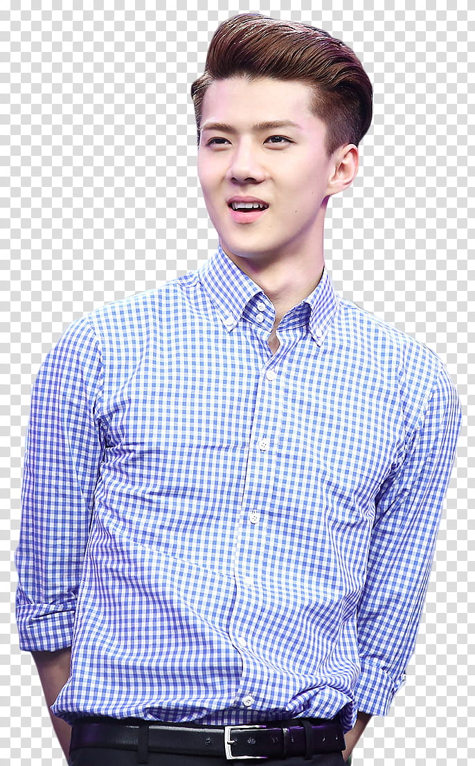 , male Korean star in blue and white plaid dress shirt transparent background PNG clipart