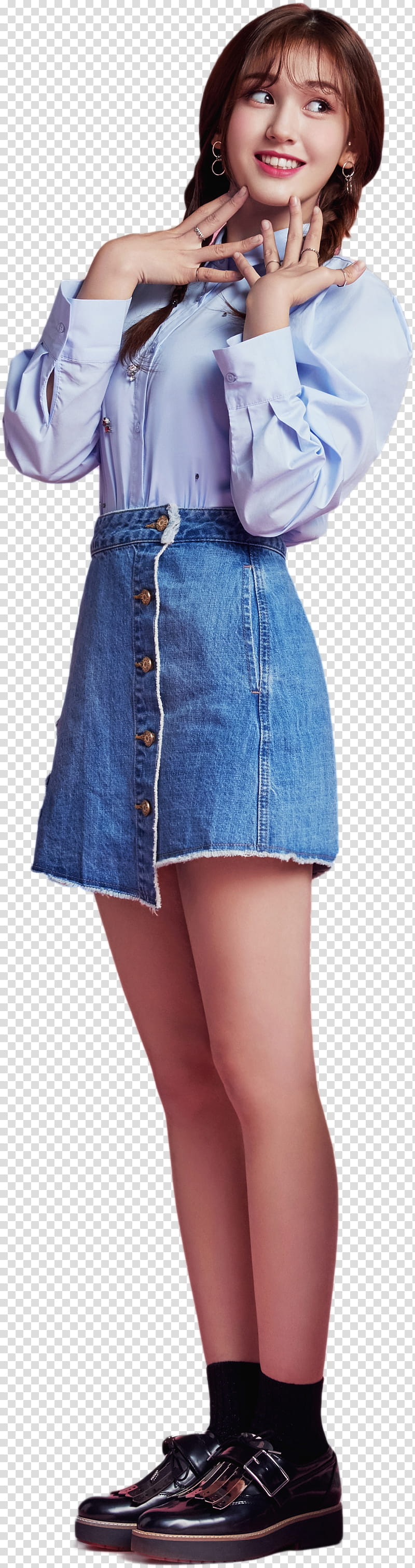Somi, woman in white dress shirt and blue denim mini skirt transparent background PNG clipart