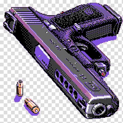 RNDOM, purple and black semi-automatic pistol and two bullets transparent background PNG clipart