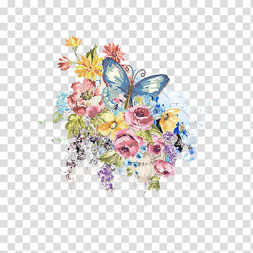 mixed , multicolored flower and blue butterfly illustration transparent background PNG clipart