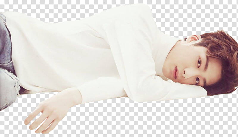 Hyungwon for Monbebe World, man in white sweater lying down transparent background PNG clipart
