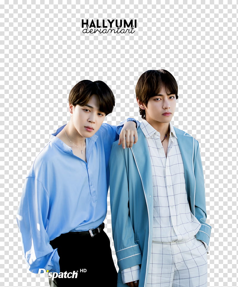 V and Jimin BTS TH ANNIVERSARY, two standing men wearing blue and white shirts transparent background PNG clipart