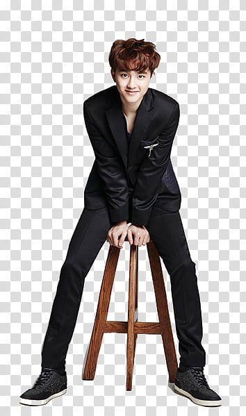 EXO MEGA, man sitting on brown wooden stool transparent background PNG clipart