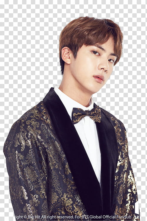 Kim Seokjin from BTS wearing black and brown tuxedo standing transparent background PNG clipart