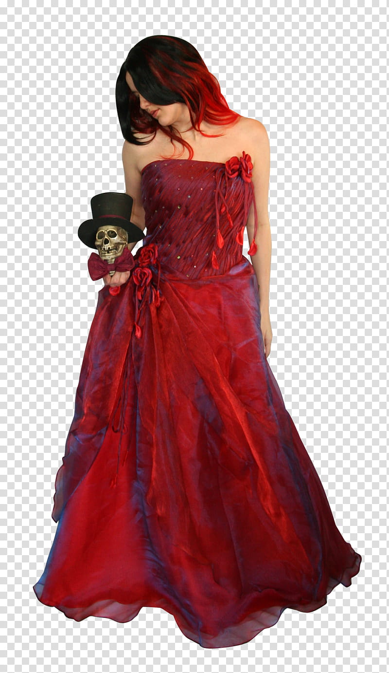 Long Valentine , woman in red strapless tulle gown transparent background PNG clipart