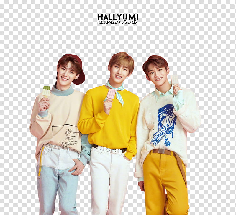 Winwin Lucas and Kun, three smiling men holding popsicle pops transparent background PNG clipart