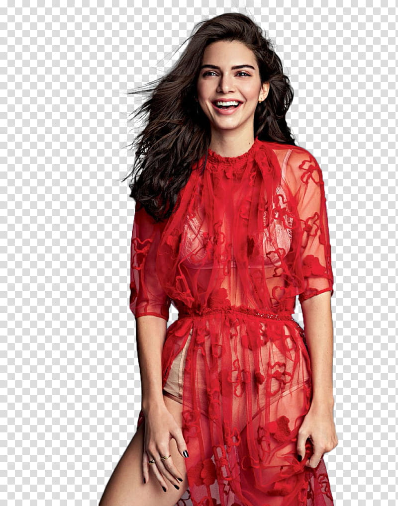 KENDALL JENNER, women's red floral mesh /-sleeved dress transparent background PNG clipart