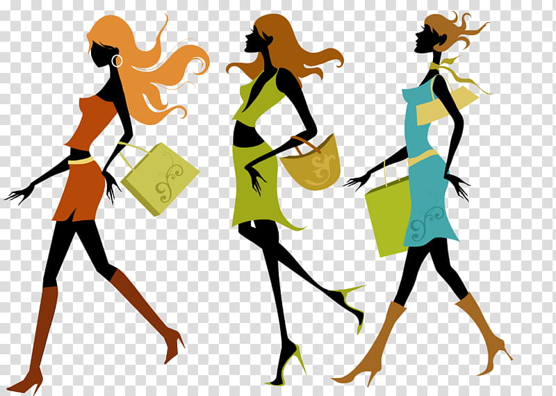 three women wearing brown, green, and blue dresses walking while carrying bags transparent background PNG clipart