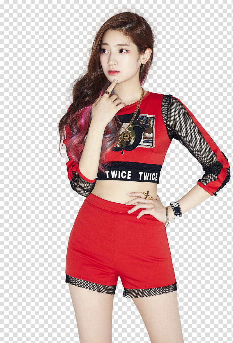 Twice OOH AHH teaser , standing Twice member wearing red crop top and red shorts transparent background PNG clipart